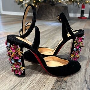 Christian Louboutin Black Velvet Heels with Floral Accents!